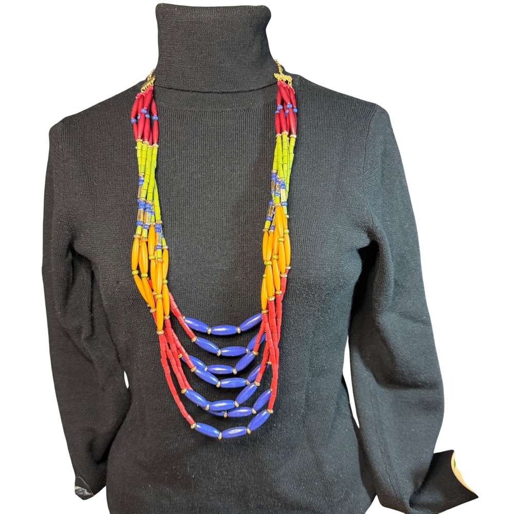 Core Multi Strand Rainbow Beaded Statement Necklace and Earring Set Gold Tone